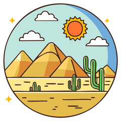 Stylized Desert Landscape with Pyramids, Cacti, Sun, and Clouds