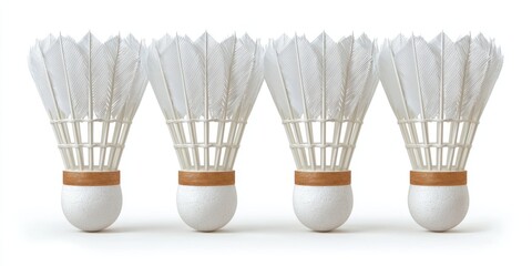 4 white badminton shuttlecocks isolated on a white background, front view.