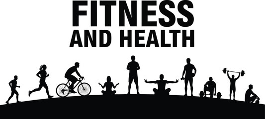 Silhouette graphic showcasing various fitness activities and strong health concepts against a clean white background