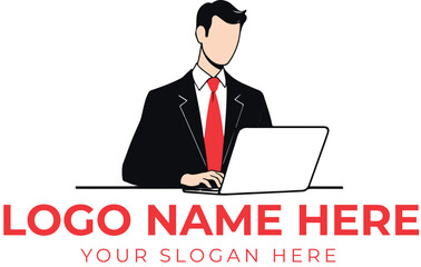 Business logo vector with faceless man in suit and red tie working on laptop for corporate or tech branding