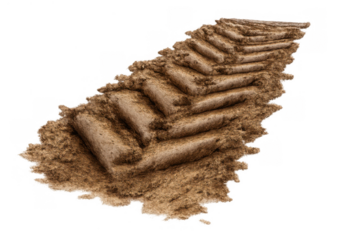 Heavy vehicle tire track impression in brown sand or mud, showing a deep tread pattern, isolated on transparent background