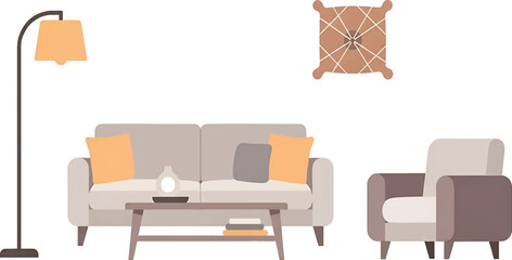 Flat lay illustration of a living room interior with sofa, armchair, coffee table, lamp, and rug against a white background.