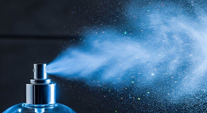 Closeup of a perfume bottle spraying a blue mist with glittering particles.