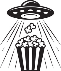 Popcorn kernel beamed up by UFO celebrates National Popcorn Day in stylish minimalism