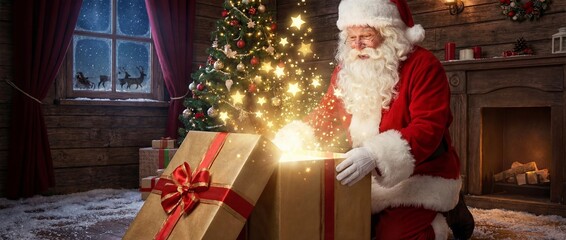 Seasonal scene of Santa revealing enchanted present in cozy wooden retreat, Holiday cheer as Santa opens wondrous gift surrounded by winter decor and warm flames