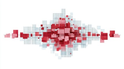 Fototapeta premium Abstract Composition of Red and Pink Geometric Shapes on a Grid Background Suggesting Digital Space and Modern Art Aesthetic