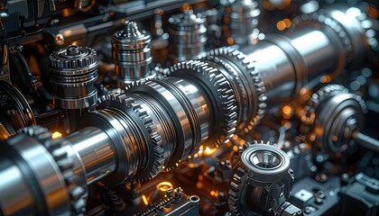 Close up of clean metallic car engine parts with gears and pistons, automotive engineering and maintenance concept.