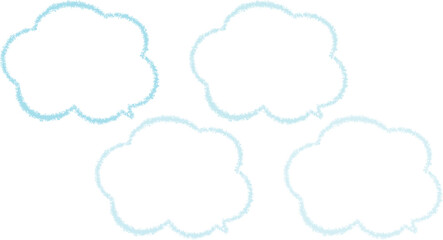 青系のクレヨンで描いた吹き出しセット。雲の形をしたかわいい手描き風のふきだし。青系の異なる色が4色ある。