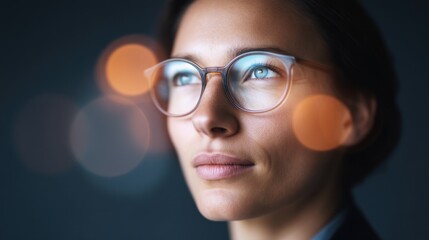Fototapeta premium Thoughtful woman with glasses looking upward, close-up portrait with soft bokeh background creating a serene, contemplative atmosphere