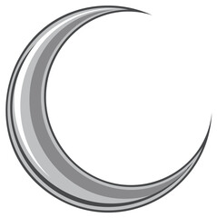 Stylized crescent moon with layered silver metallic design, isolated on a white field.