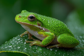 Naklejka premium Green tree frog on rain-speckled leaf, tropical rainforest close-up with soft bokeh