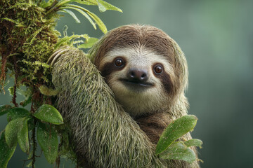 Obraz premium Sloth Hanging Calmly from Mossy Branch in Misty Tropical Cloud Forest Canopy Scene
