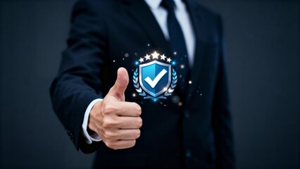 Businessman giving thumbs up with digital shield