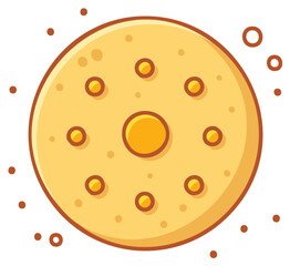 Fototapeta premium Stylized image of a circular lunar object showing craters and small particles surrounding it in cartoon style