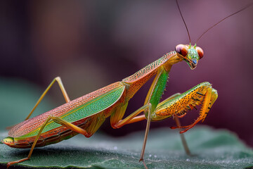 Praying mantis forelegs gripping leaf edge, sharp spines macro with blurred backdrop