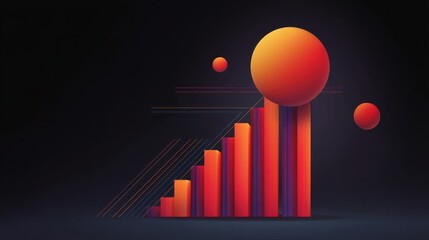 Abstract illustration of colorful geometric shapes and three-dimensional bars representing business growth and data analytics on a dark background