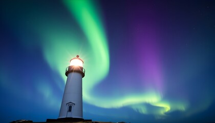 A glowing white lighthouse stands beneath a spectacular green and purple Aurora Borealis in the night sky.