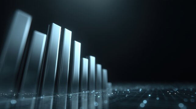 Abstract silver bar graph on dark background with glowing dots representing data analytics, business growth, and technological advancement concepts - Powered by Adobe