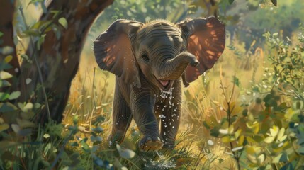 Young Elephant Playing in Sunlit Forest Clearing with Green Foliage and Warm Lighting