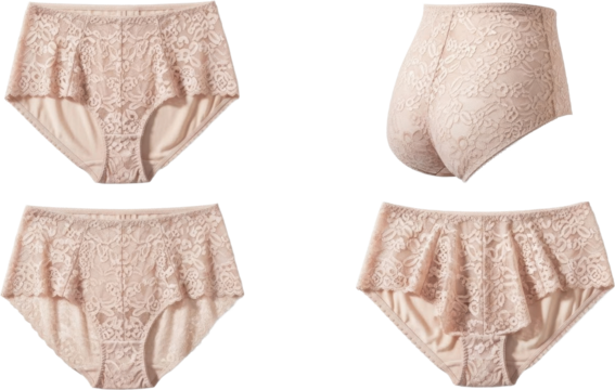 Four views of beige lace ruffled womens underwear showcasing front back and side details. - Powered by Adobe