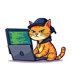 Vsai cat programmer wearing hoodie and cap coding on laptop