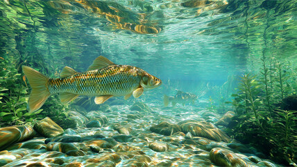 Fototapeta premium A beautiful fish swimming underwater in a clear stream with aquatic plants. The sun's rays create a stunning light effect