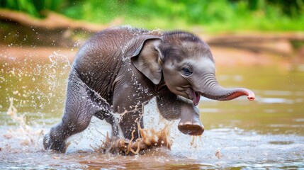 Young Elephant Playing Water in Natural Jungle Setting Bright and Vibrant