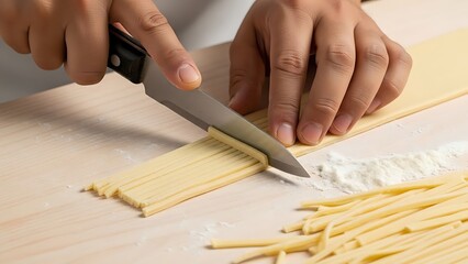 Artisan culinary process of creating fresh pasta strands with sharp knife