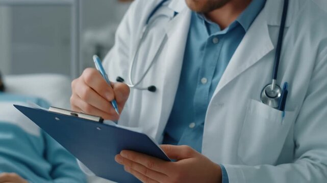 Doctor hands writing medical notes on clipboard during patient check-up. 