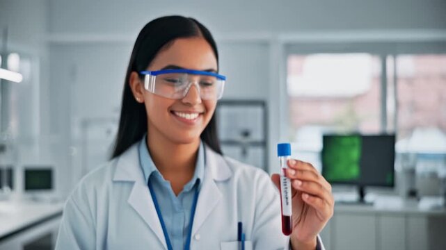Doctor holding medical test tube with sample in laboratory, healthcare professional analyzin.