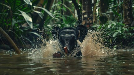 Young Elephant Splashing Water in Dense Jungle Environment