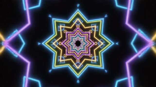A mesmerizing video collection of neon laser light patterns forming intricate geometric and starburst designs with vibrant color transitions and glowing effects.