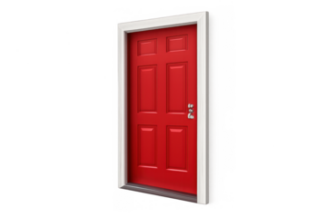 Red door with white frame on transparent background representing new opportunities and entrances