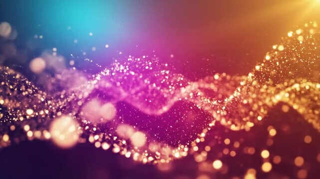 Dynamic display of luminous particle waves in vibrant colors with sparkling effects suitable for creative, digital, and energetic visual content.