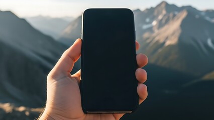 A person's hand holds a black smartphone with a blank screen against a stunning backdrop of majestic mountains and a clear sky.