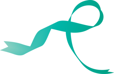 A flowing teal ribbon design against a stark black background