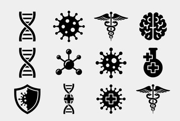 Collection of Medical and Science Symbols Dna, Virus, Brain, and Caduceus Icons