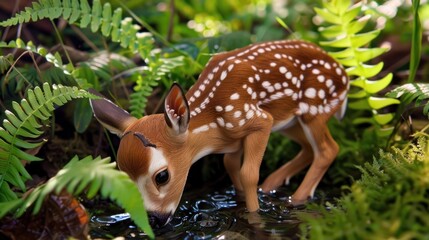 Young Fawn Drinking Water in Lush Green Forest Scene