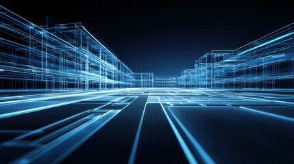 Futuristic Digital Cityscape with Neon Grid and Technology Elements Representing Network Connections and Urban Development in a Dystopian Environment