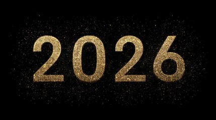 Golden 2026 numbers shimmering on a black background with scattered glitter