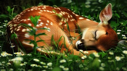 Young Fawn Sleeping in Green Meadow with White Flowers and Dappled Sunlight