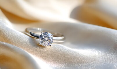 A premium luxury jewelry product photograph of a solitaire diamond engagement ring resting on softly draped satin fabric in golden and white tones. A slim platinum band with a round brilliant-cut diam