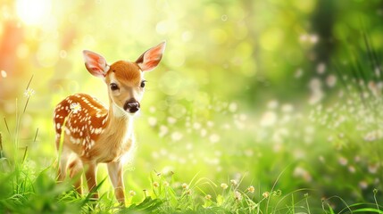 Young Fawn Standing in Bright Green Meadow with Sunlight and Bokeh Effect
