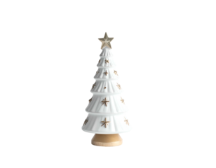 White ceramic tiered tree with gold stars, on wooden base