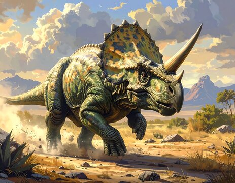 Digitally rendered triceratops running across a desert landscape