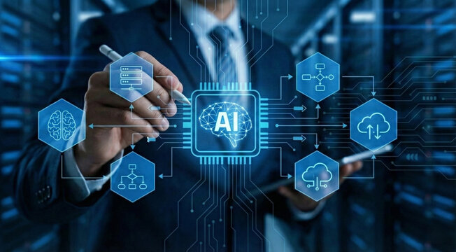 AI integration and workflow automation technology concept. business hand using stylus to control digital gear interface, symbolizing process optimization, innovation and intelligent business systems - Powered by Adobe