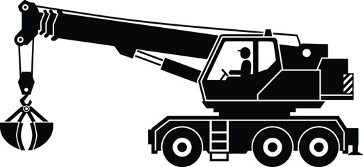 Silhouette mobile crane truck, clamshell bucket, construction machinery, operator cabin, six wheels, industrial equipment, heavy lifting, material handling, worksite, engineering © Sohel