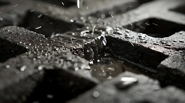 Macro slow motion shot of water absorbing into porous paving bricks, demonstrating sustainable drainage and permeability