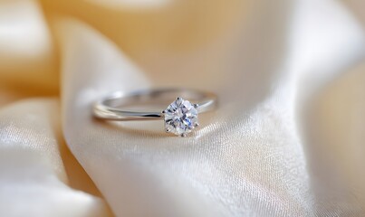 A premium luxury jewelry product photograph of a solitaire diamond engagement ring resting on softly draped satin fabric in golden and white tones. A slim platinum band with a round brilliant-cut diam