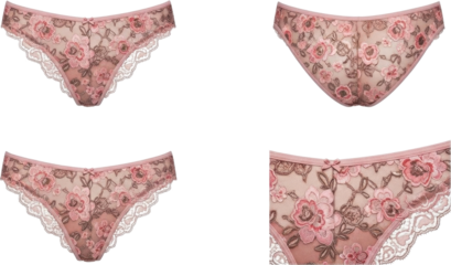Four views of delicate pink floral lace womens underwear with scalloped edges.